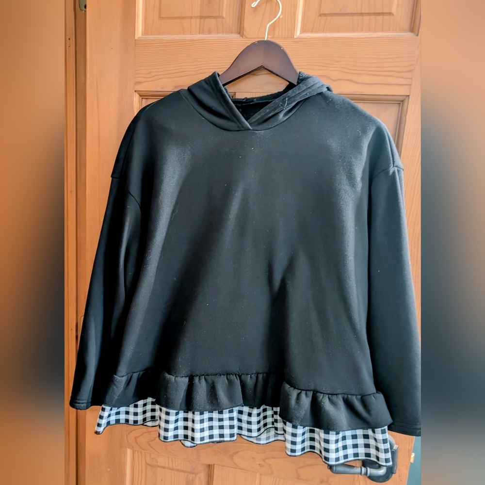 Black Hoodie with Checkered Hem